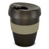 A drink bottle featuring a dark brown body with a beige silicone band and a lid. It has a logo on one side.