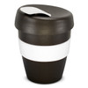 A drink bottle in dark grey with a white band and a white lid, featuring a logo.