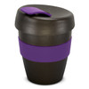 A drink bottle in black with a purple band and lid, featuring a curved design and a logo.
