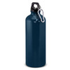 A drink bottle in navy blue with a metal carabiner attached and a black lid. It has a logo on the side.