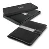 A black portfolio with a sleek design, displayed inside a black packaging box, featuring a logo.