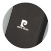 A black key ring with a textured finish and a white logo on its surface.