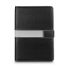 A black portfolio with a contrast grey band and a logo, designed for professional use.