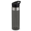 A drink bottle with a grey body, stainless steel band, and a black lid featuring a handle. It has a logo.