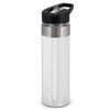 A drink bottle with a transparent body, stainless steel band, and black lid. It features a built-in straw and a logo.
