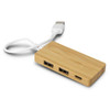 A bamboo USB hub with two standard USB ports and one USB-C port, featuring a white connecting cable.