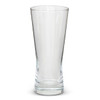 A clear beer glass with a tapered shape and a thick base, featuring a logo.