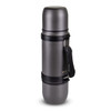 A drink bottle with a grey stainless steel body and a black strap, featuring a branding logo.