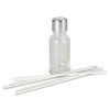 A glass scented diffuser bottle with a silver lid and five white reeds arranged beside it.