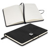 A black Pierre Cardin Biarritz notebook with an open and closed view, featuring lined pages and a logo.