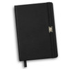 A black notebook with a smooth cover, featuring an elastic band closure and a logo on the front.