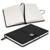 A black notebook gift set with a smooth cover, featuring a ribbon bookmark and elastic closure. It includes lined pages.