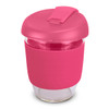 A drink bottle featuring a clear borosilicate body with a pink silicone sleeve and matching lid. It has a logo.