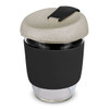 A drink bottle featuring a glass base, black silicone sleeve, and a light grey lid with a clasp. It has a logo.
