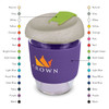 A drink bottle featuring a purple body, a grey lid, and a green toggle, with a logo displayed on the front.