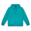A turquoise unisex hoodie featuring a front zipper, drawstring hood, and front pockets. It includes a logo.