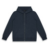 A navy unisex hoodie with a zip front, drawstring hood, and front pockets. Features a logo on the fabric.