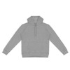 A grey unisex hoodie with a kangaroo pocket and a drawstring hood, featuring a logo on the front.