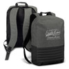 A green and black backpack featuring a logo on the front and padded shoulder straps.