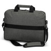 A grey laptop bag with a detachable shoulder strap and two handles, featuring a black band across the front and a logo.