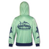 A mint green zipped hoodie featuring a logo on the back, with navy blue accents on the sleeves and hem.