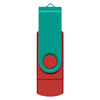 A dual flash drive featuring a teal cap and a red body, with a circular button and a loop for attachment.
