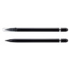 Two black stylus pens, one with a clear cap and a pointed tip, the other with a rounded tip. Both have a silver band.