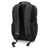 A dark grey backpack with padded straps and a textured back, featuring a logo on one side.