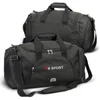 A dark green duffle bag with black accents and a shoulder strap, featuring a logo on the side.