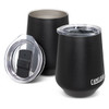 A drink bottle set featuring two black vacuum tumblers with clear lids and a branding logo.
