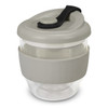 A drink bottle in a light grey and clear design, featuring a silicone sleeve and a black lid with a button.