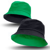 A reversible bucket hat featuring green on one side and black on the other, with a simple logo.