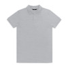 A light grey polo shirt with a classic collar and short sleeves, featuring a logo on the chest.