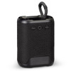 A black Bluetooth speaker with a textured surface and a looped attachment for easy carrying.