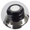 A drink bottle with a black and silver design, featuring a round cap and a glossy finish, with a logo on it.