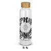 A drink bottle with a clear glass body and a bamboo lid, featuring black text and floral designs.