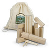 A set of wooden Kubb game pieces in natural wood colour, with a drawstring bag featuring a logo.
