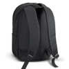 A black backpack with padded straps and a spacious compartment, featuring a logo on the side.