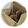 A jute wine carrier in a natural tan colour with compartments for four bottles and a textured fabric finish.