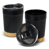 A double wall cup with a black body, a clear lid, and a textured gold base, featuring a logo.