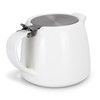A white teapot with a stainless steel lid and a sleek handle, designed for serving tea.