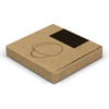 A square cardboard box with a minimalist design, featuring an illustration on a brown surface.