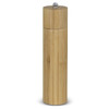 A bamboo pepper mill with a sleek cylindrical design and a silver top, featuring a simple branding logo.