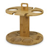 A bamboo wine rack with circular holders for bottles and glasses, showcasing a natural wood finish.