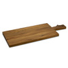 A wooden chopping board in a warm brown hue with a rectangular shape and a handle. Features a small leather loop.