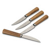 A set of four steak knives with stainless steel blades and wooden handles. Each knife features a serrated edge.