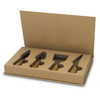 A cheese knife set with wooden handles in a crafted box, featuring various knife styles. The box is brown.