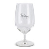 A clear wine glass with a curved bowl and a sturdy base, featuring a logo.