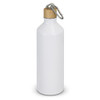 A drink bottle in white aluminium with a bamboo top and metal carabiner.