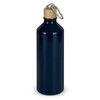 A drink bottle in navy blue with a bamboo cap and a metal carabiner attached. It features a logo.